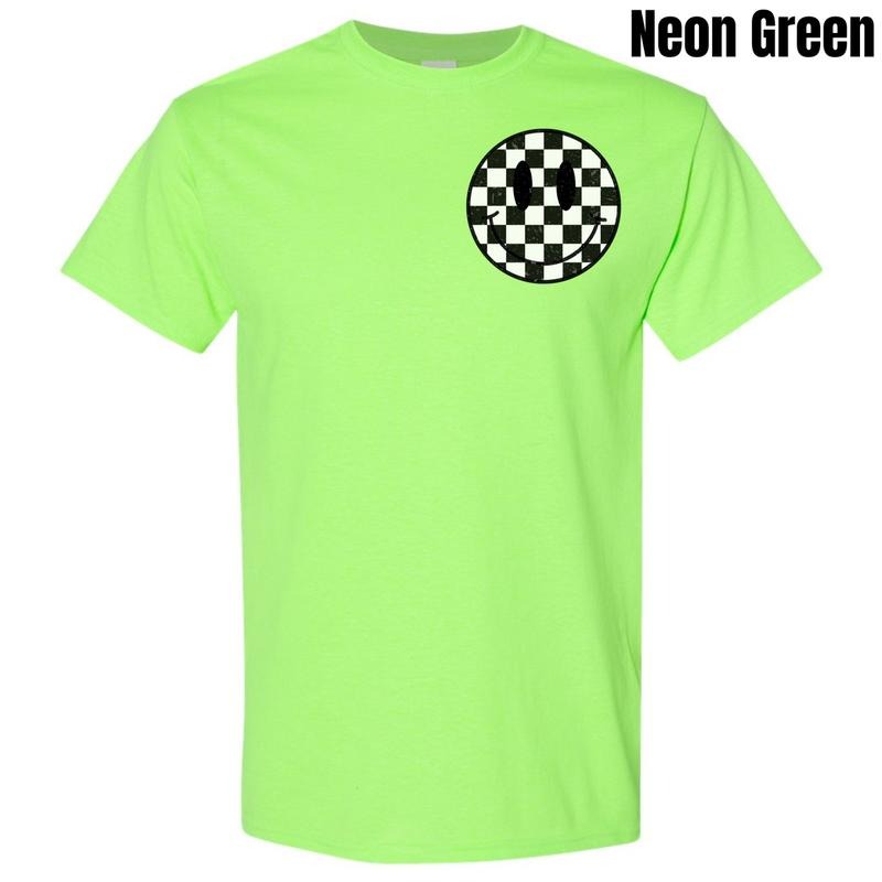 Pocket Size - Checkerboard Happy Face Gildan Short Sleeve T-Shirt 'NLB' Hoodie, Sweatshirt | InkThreadWorks.com