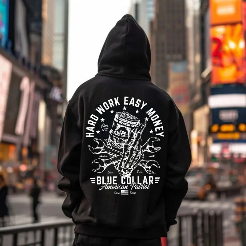 Hard Work Easy Money 1 Side Printed Hoodie, Hoodie For Man And Woman Graphic Casual Crew Neck Long Sleeve 50/50 Cotton/Polyester Blend Unisex Classic Fit Retro