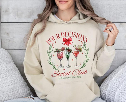 Pour Decisions Social Club Christmas Shirt, Funny Alcohol Holiday Shirt, Christmas Season Cocktail Tee, Christmas Party...