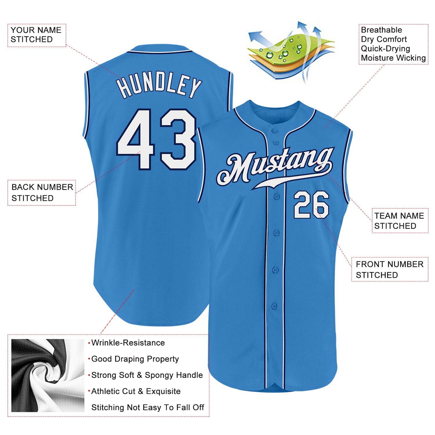 Custom Powder Blue White-Navy Authentic Sleeveless Baseball Jersey