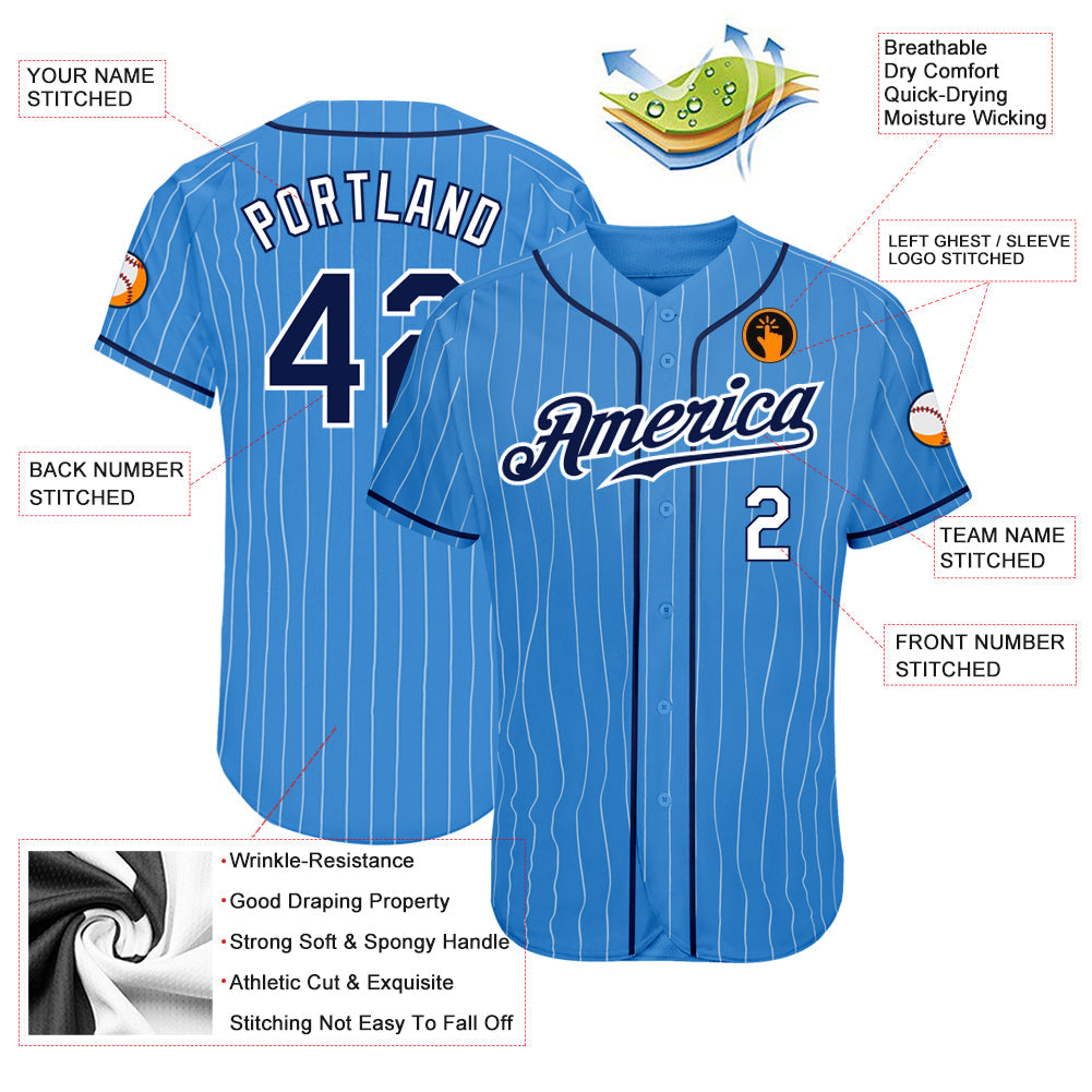 Custom Powder Blue White Pinstripe Navy-White Authentic Baseball Jersey