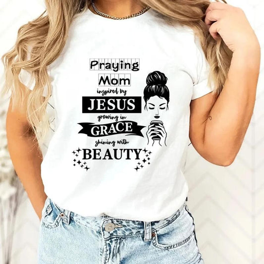 Praying Mom Inspired By Jesus Graphic Tee Pure Cotton Casual Street Style Crew Neck Short Sleeve T-Shirt Tops Trendy For Women For Men, Perfect Gift