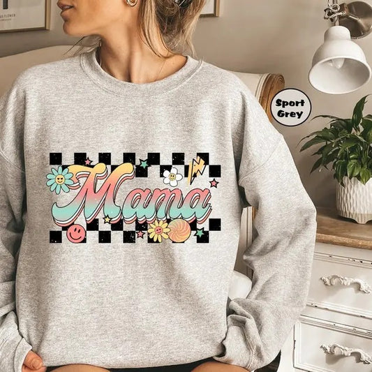 Premium  Retro Mama Sweatshirt, Checkered Mama Hoodie, Colorful Mama Sweatshirts, Motherhood Clothings, Mother Life...