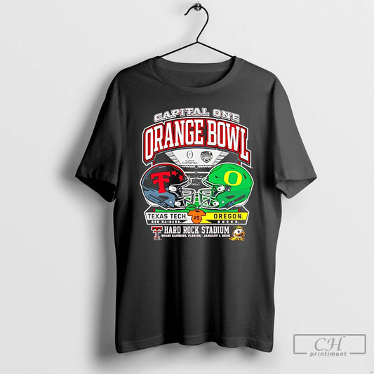 Premium Texas Tech Vs Oregon 2025 Orange Bowl Dueling Helmets T-Shirts, Hoodie, Sweatshirt | InkThreadWorks.com