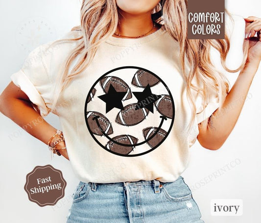 Preppy Football Shirt Comfort Colors, Womens Happy Face Football Tee, Womenswear Oversized Crewneck Hoodie, Sweatshirt