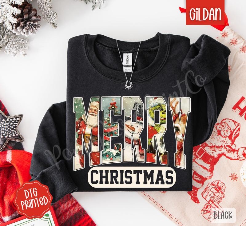 Preppy Merry Christmas Sweatshirt, Trendy Women's Holiday Crewneck style 02 T-Shirts, Hoodie | InkThreadWorks.com
