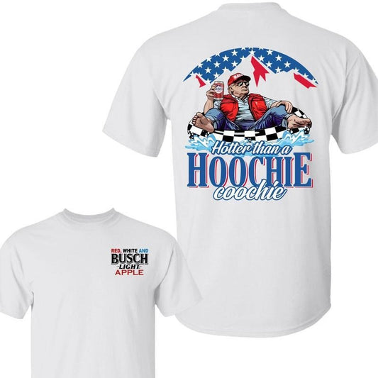 President Trump Red White And Busch Light Apple T-Shirt, Hotter Than A Hoochie Coochie 2-sided Shirt, Shirts Men, Graphic tees, 4th Of July Casual Graphic Tees For Summer Menswear