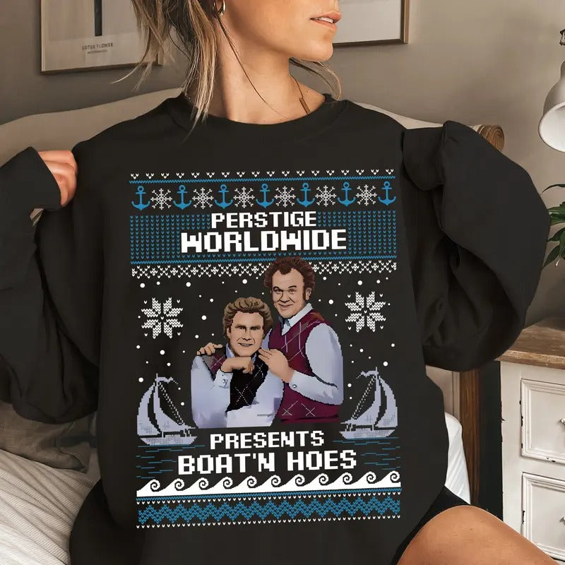Prestige Worldwide Presents Boats'N Hoes Ugly Christmas Sweatshirt  - Funny Ugly Christmas Shirt for Men and Women