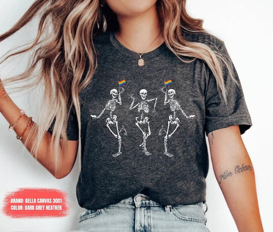 Pride Shirt - Lesbian Design in Solid Color with Colorful Skeletons - Women's Comfortable T-Shirt and Tee for LGBTQ+...