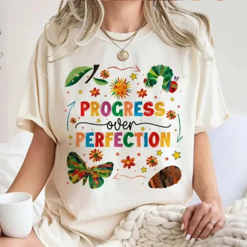 Progress Over Perfection Shirt, Friends Shirt, Butterflies Teacher Shirt, Children's Book Teacher Shirt, Book Lover Shirt...