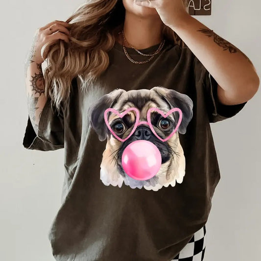 Pug Blowing Bubble Gum Shirt ~ Unisex Apparel Relaxed Fit Printed In The USA Clothing Womenswear Casual Comfort Cotton...