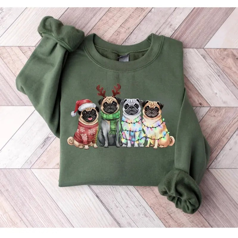 Pug Christmas Sweatshirt, Cute Pug Holiday Sweater, Reindeer Pug Sweatshirt, Santa Pug Cozy Holiday Pullover, Festive Pug...