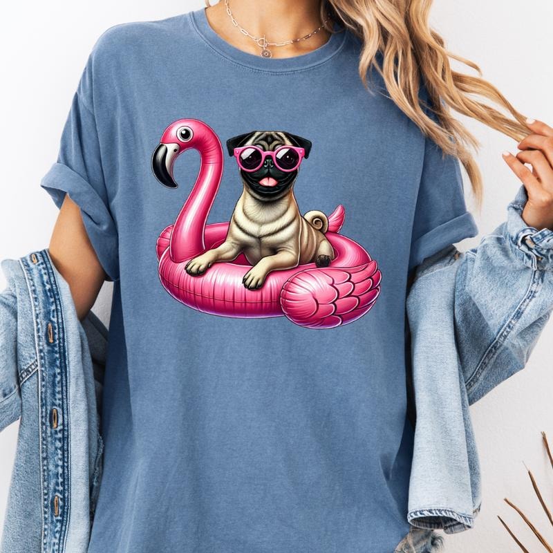 Pug Flamingo Float Dog Shirt ~ Unisex Apparel Relaxed Fit Printed In The USA Clothing Womenswear Casual Comfort Cotton...