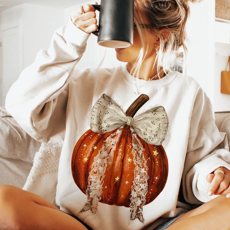 Pumpkin Coquette bow Sweatshirt, Retro Halloween Gothic Shirt, Retro Fall, Spooky Season, Trendy Fall pumpkin crewneck Hoodie