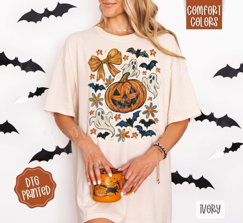 Pumpkin Floral Collage Shirt Comfort Colors, Trendy Halloween Tshirt Hoodie, Sweatshirt | InkThreadWorks.com