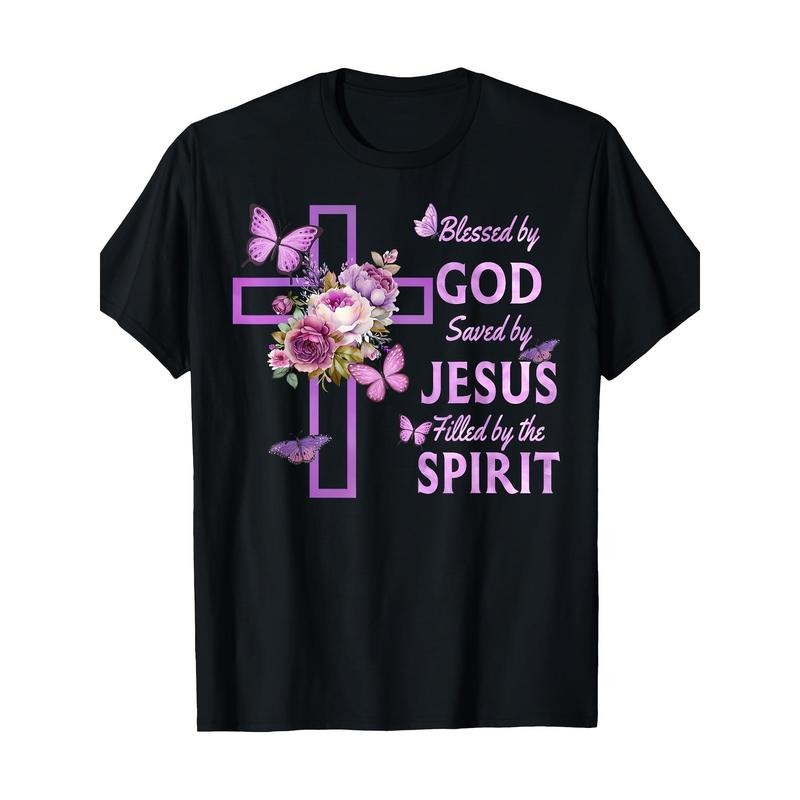 [Purple Floral Cross Tee] 100% Cotton Purple Floral Cross Christian T-Shirt