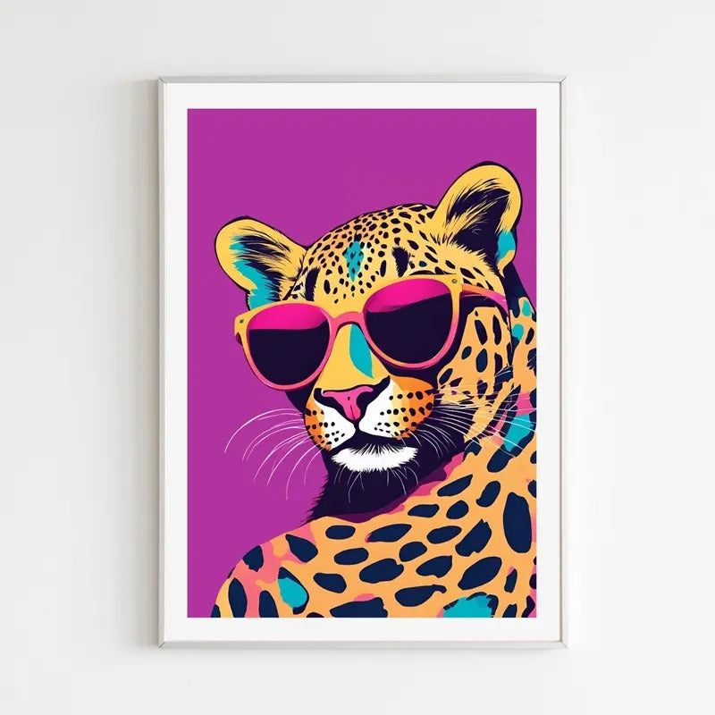 Purple Leopard Digital Print | Cheetah with Glasses Printable Poster | Funny Hanging | Eclectic Jungle Wall Art | Colorful Animal Poster