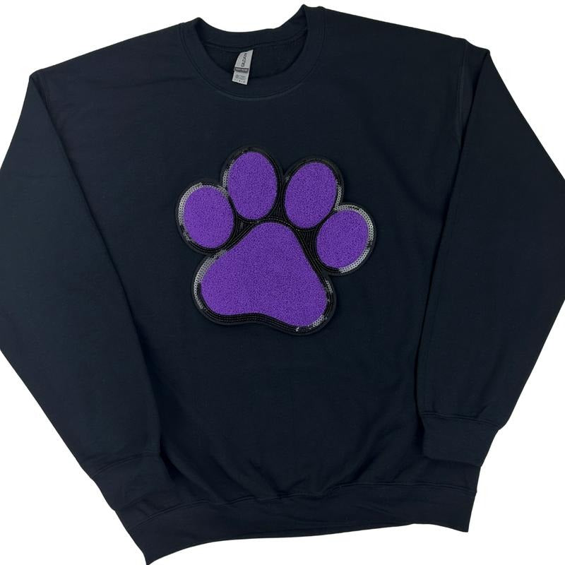 Purple Paw Chenille Patch Sweatshirt -- BLACK T-Shirts, Hoodie | InkThreadWorks.com
