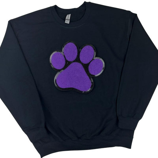 Purple Paw Chenille Patch Sweatshirt -- BLACK T-Shirts, Hoodie | InkThreadWorks.com