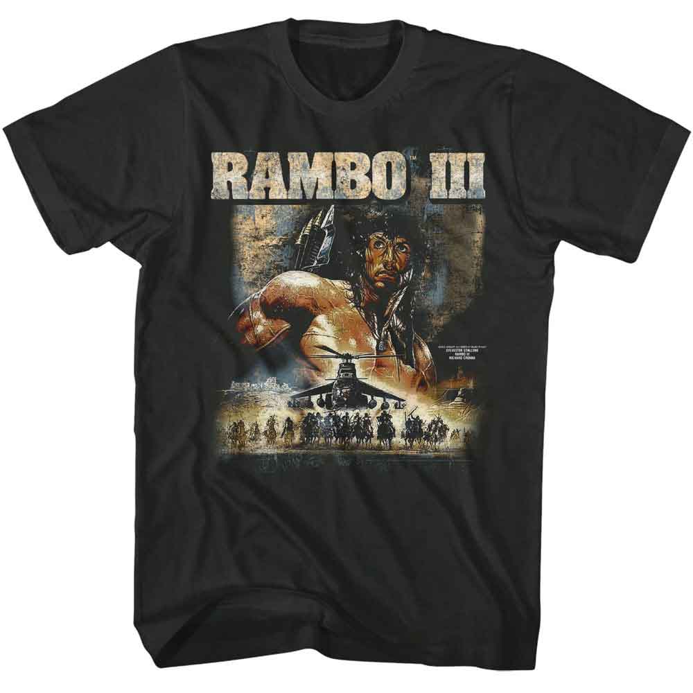 Rambo - 3 Chopper Poster - Officially Licensed - Gray Solid Front Print Adult Short Sleeve T-Shirt