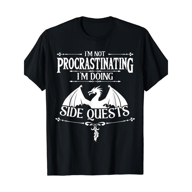 RPG Gamers' Humorous 220g T-Shirt - Men's Gaming Graphic Tee with Funny Slogan "I'm Not Procrastinating I'm Doing Side Quests" - Short Sleeve, Casual Wear, Perfect for Gaming Events Made in USA