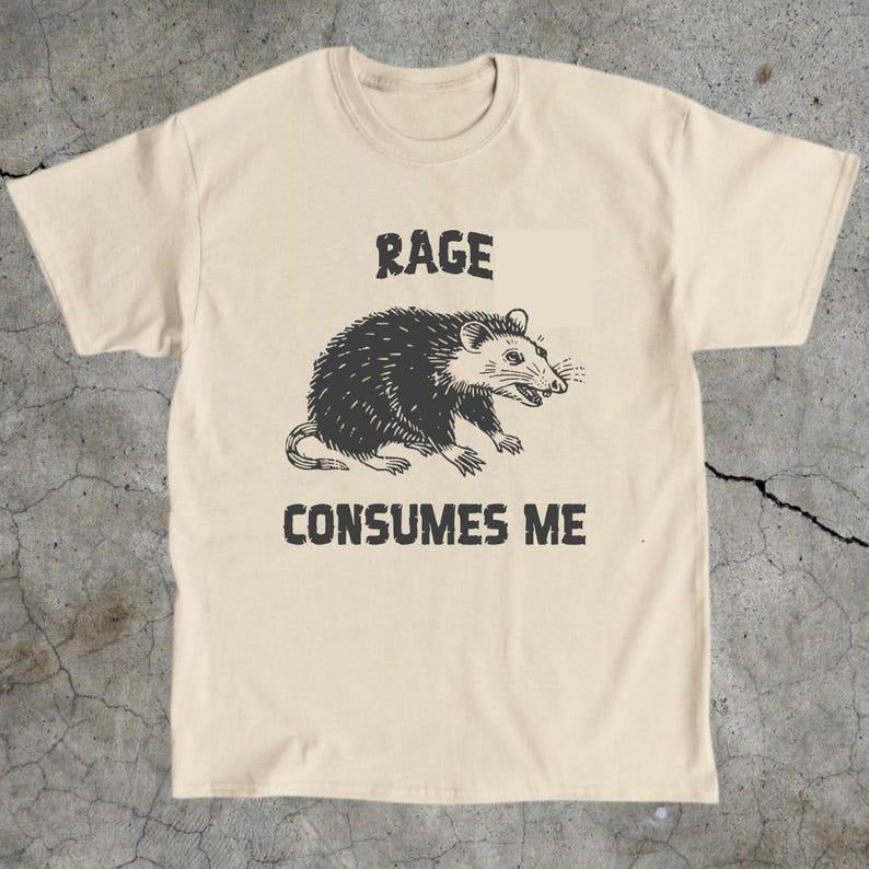 Rage Consumes Me Unisex Tee, Funny Meme Graphic T-Shirt, Weird Opossum T-Shirt, Humorous Animal Top, Cotton Tee for Men and Women