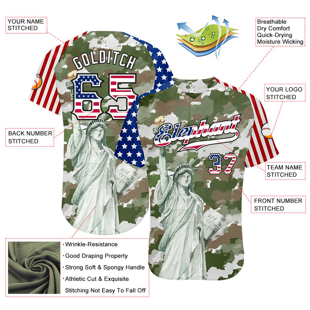 Custom Camo USA Flag Red Blue Black-White Statue Of Liberty Patriotic Stars & Stripes Raglan Sleeves Authentic Baseball Jersey