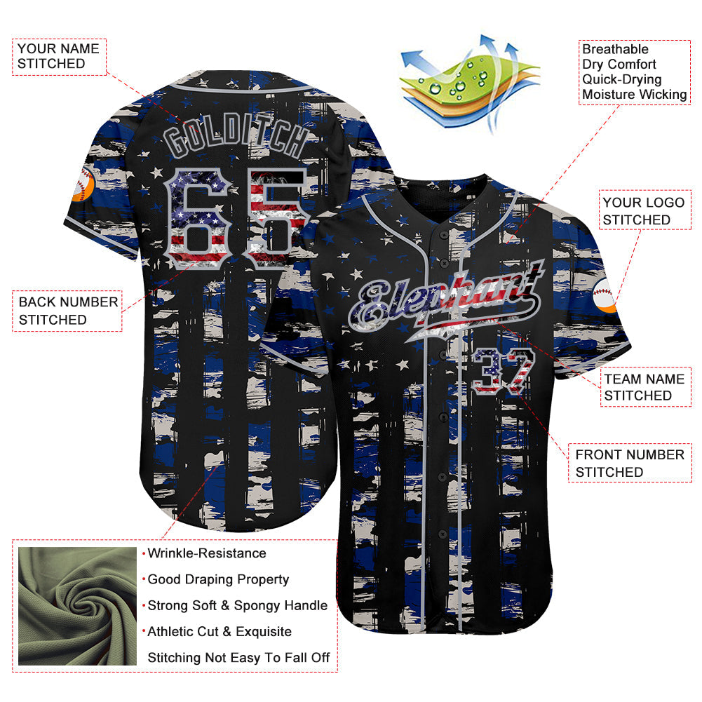 Custom Black USA Flag-Gray Distressed Grunge Patriotic Raglan Sleeves Authentic Baseball Jersey