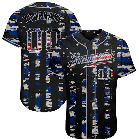 Custom Black USA Flag-Gray Distressed Grunge Patriotic Raglan Sleeves Authentic Baseball Jersey