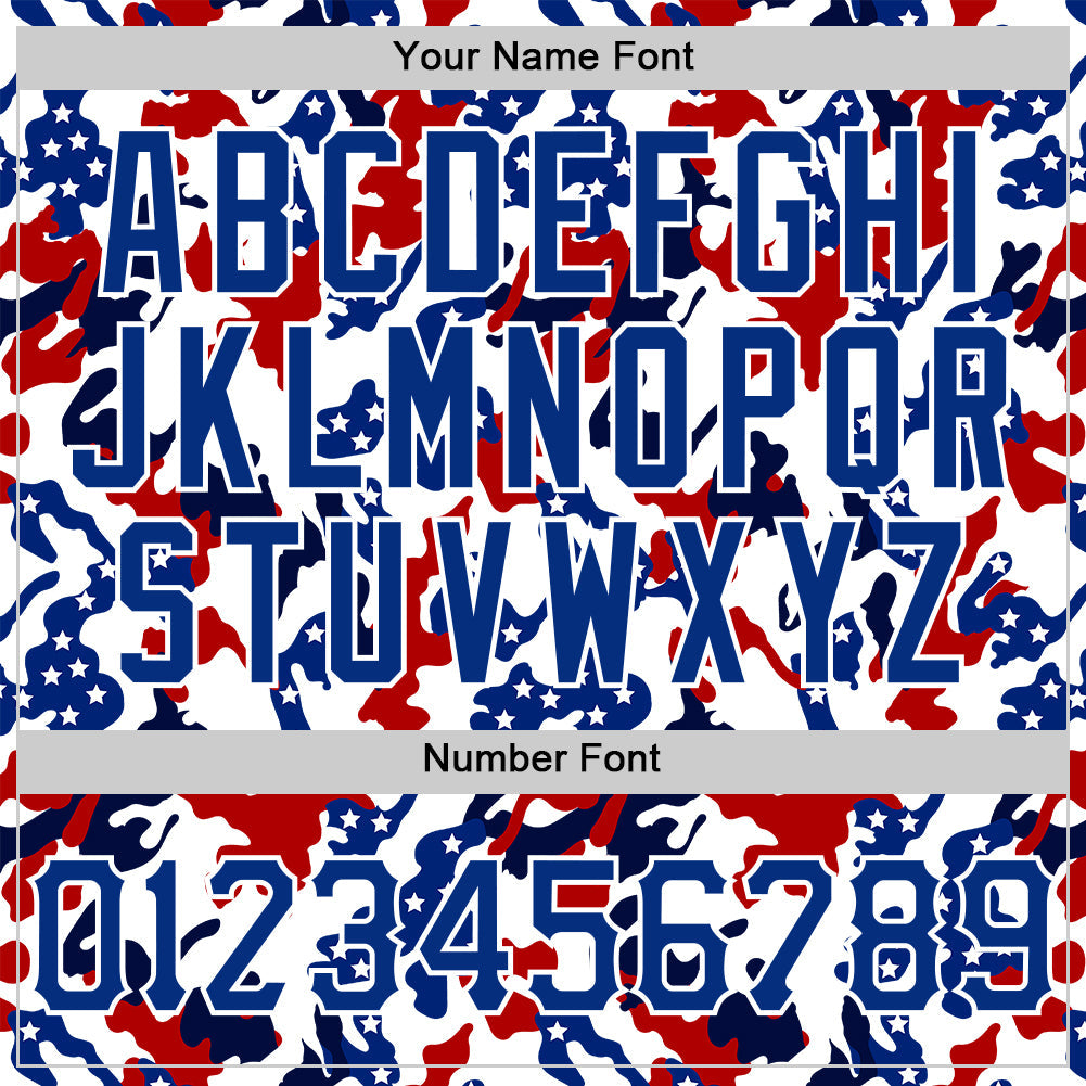 Custom White Royal Red-Navy Camo American Flag Patriotic Raglan Sleeves Authentic Baseball Jersey