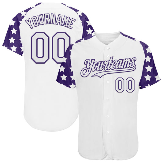 Custom White Purple Star Raglan Sleeves Authentic Baseball Jersey