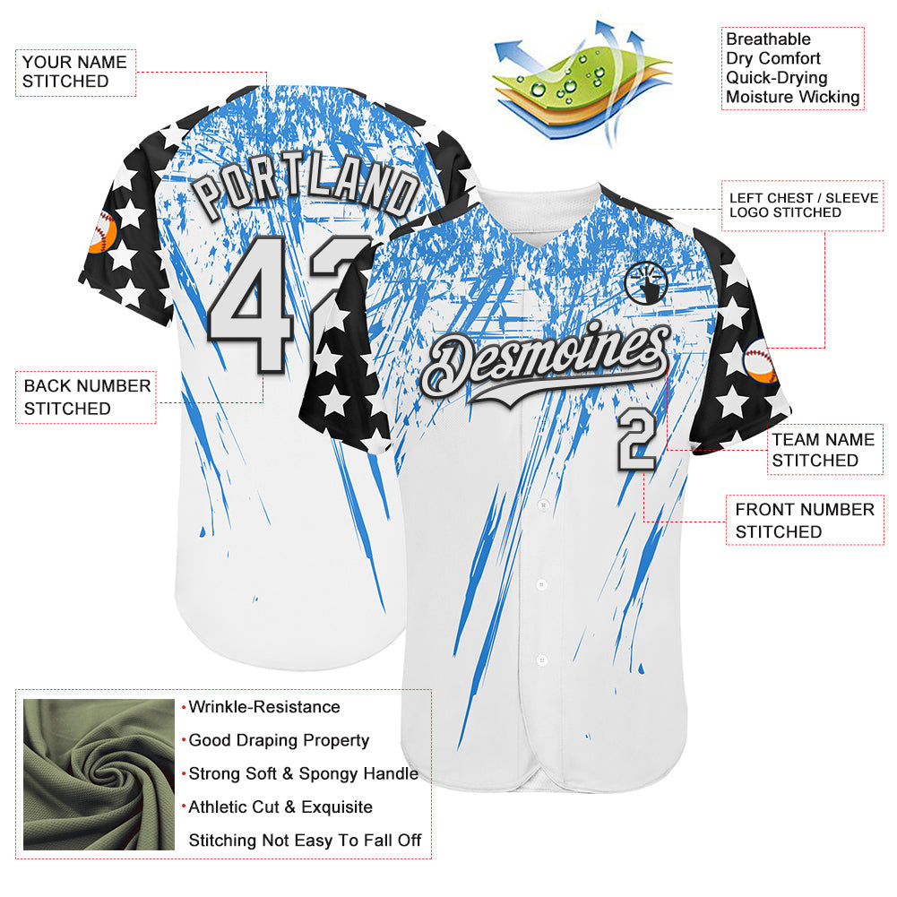 Custom White Black-Powder Blue Splatter Brush Stroke Star Raglan Sleeves Authentic Baseball Jersey