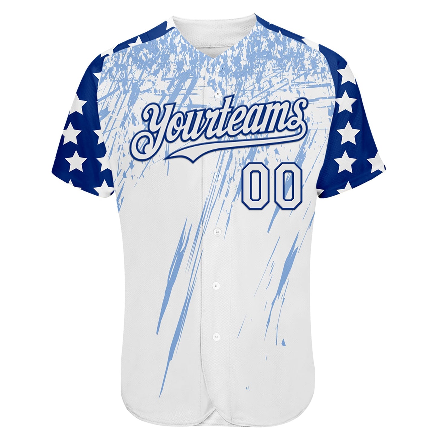 Custom White Royal-Light Blue Splatter Brush Stroke Star Raglan Sleeves Authentic Baseball Jersey