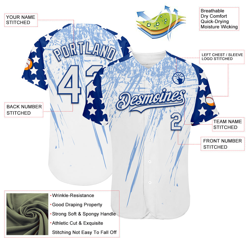 Custom White Royal-Light Blue Splatter Brush Stroke Star Raglan Sleeves Authentic Baseball Jersey