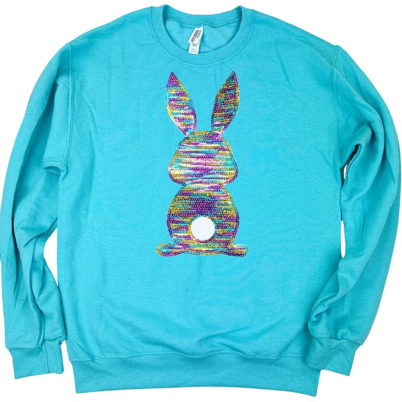 Rainbow Bunny Sequin Patch Sweatshirt -- SCUBA BLUE T-Shirts, Hoodie | InkThreadWorks.com
