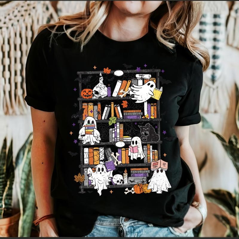 Reading Ghosts, Bookish, Library, Spooky, Halloween, Booktok, Trending Graphic Tee, Black Tshirt, Cotton Tshirt, Witch, Spooky, Ghost, Women's Graphic Tee