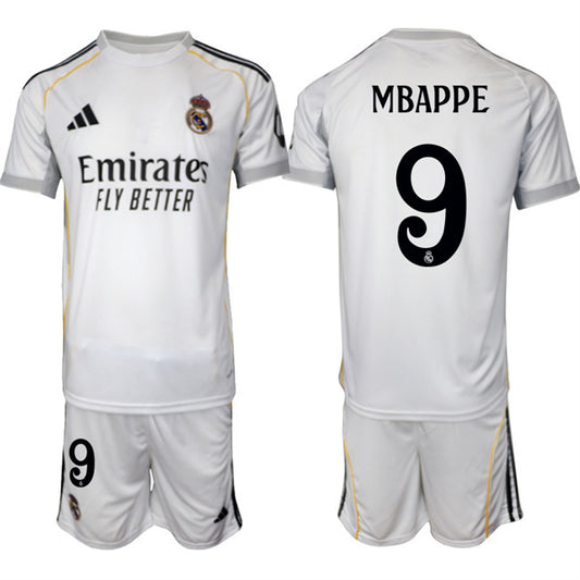 Real Madrid #9 Kylian Mbappé 25 26 White Home Soccer Jersey Suit