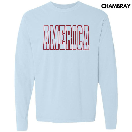Red America Puff Long Sleeve Comfort Colors T-Shirt Hoodie, Sweatshirt | InkThreadWorks.com
