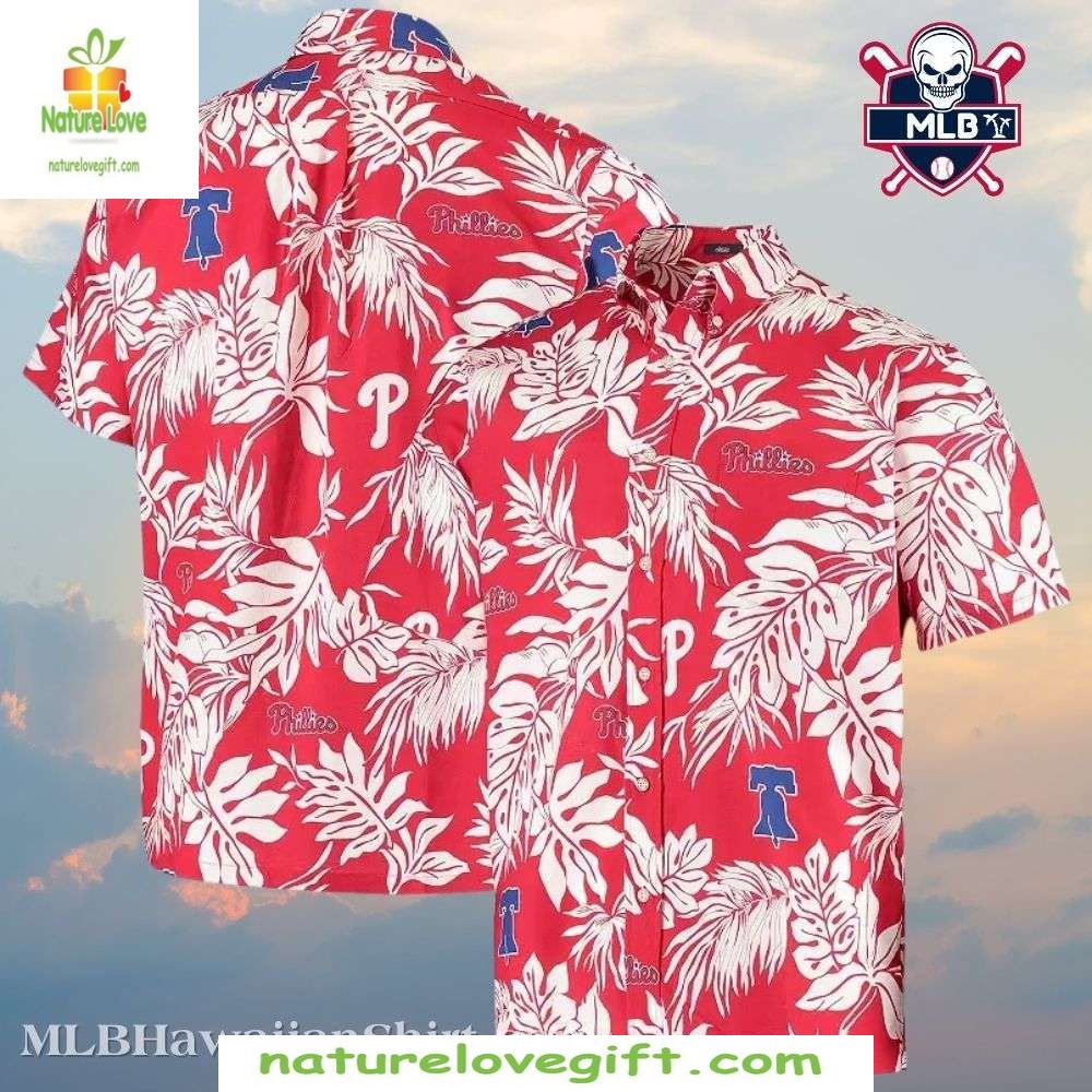 MLB Phillies Hawaiian Shirt Red White Monochrome Floral Baseball Apparel
