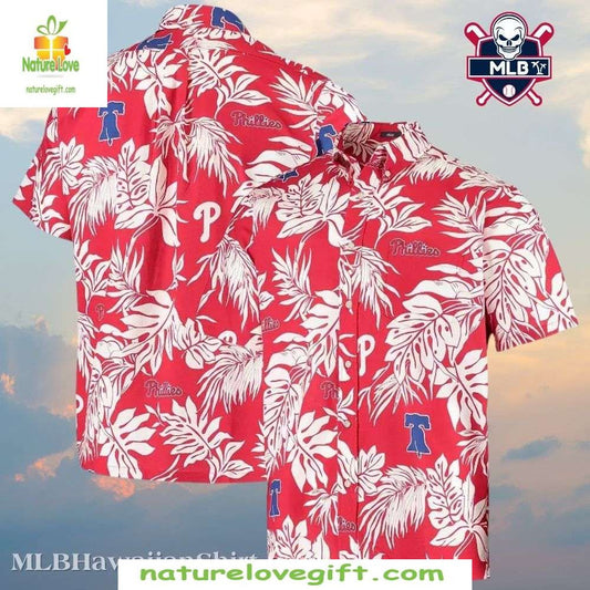 MLB Phillies Hawaiian Shirt Red White Monochrome Floral Baseball Apparel