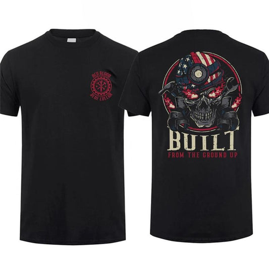 Red Blood Blue Collar T-shirt - From The Ground Up Skull T-shirt - Patriotic Graphic Tee for Men, Red Blood Blue Collar Workwear Shirt