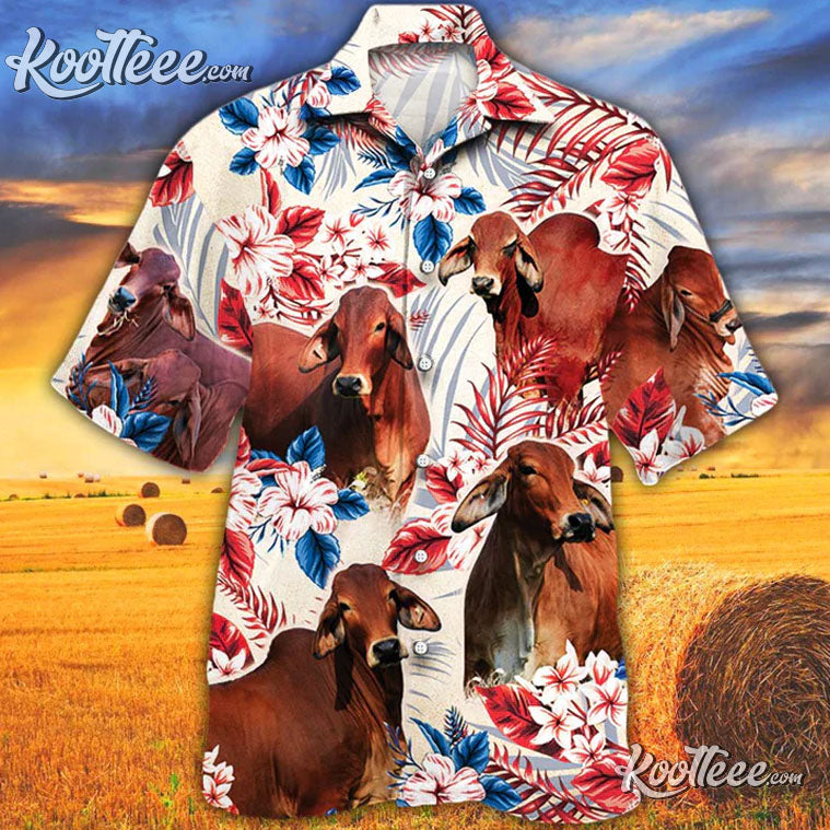 Red Brahman Cattle Lovers American Flag Trendy Hawaiian Shirt