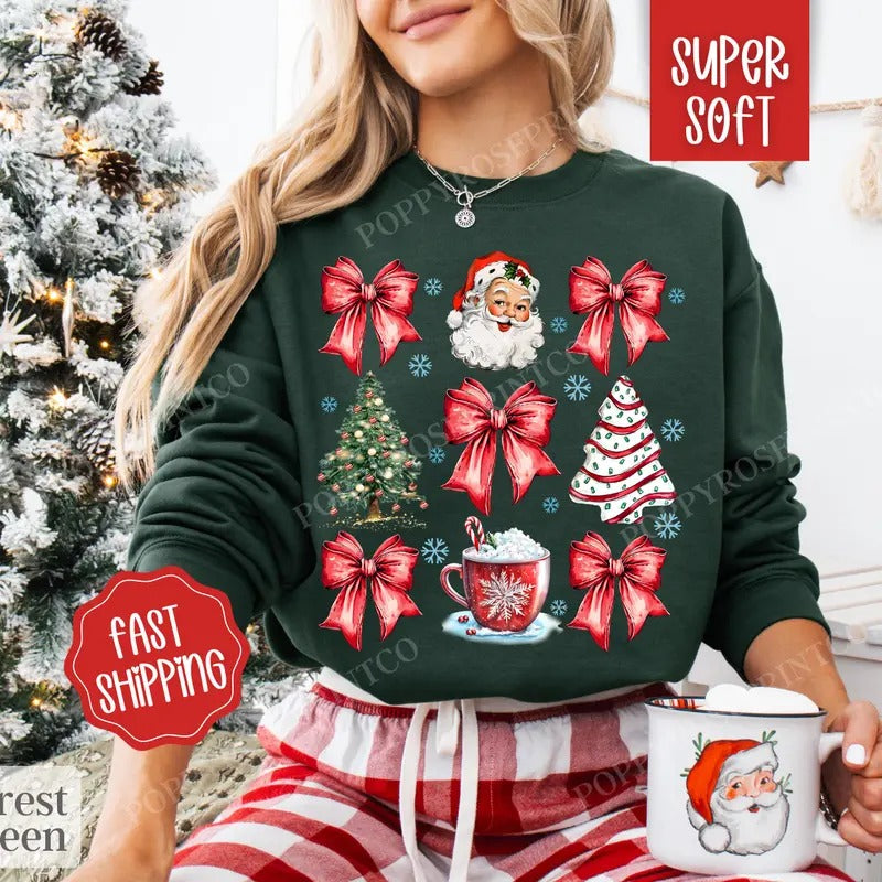 Red Coquette Christmas Sweatshirt, Merry Christmas Sweater, Women's Holiday Crewneck T-Shirts, Hoodie | InkThreadWorks.com