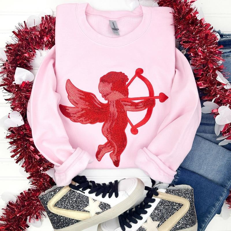 Red Cupid Sequin Patch Sweatshirt -- LIGHT PINK T-Shirts, Hoodie | InkThreadWorks.com