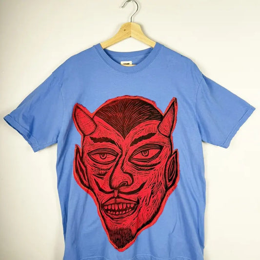 Red Devil  Hand printed Woodcut Appliqued T Shirt Cotton Menswear apparel graphic  tees Loose Top