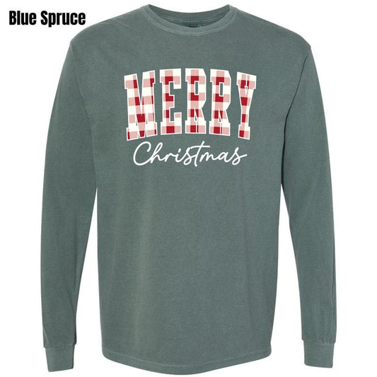 Red Gingham Merry Christmas Long Sleeve Comfort Colors T-Shirt 'NLB' Hoodie, Sweatshirt | InkThreadWorks.com