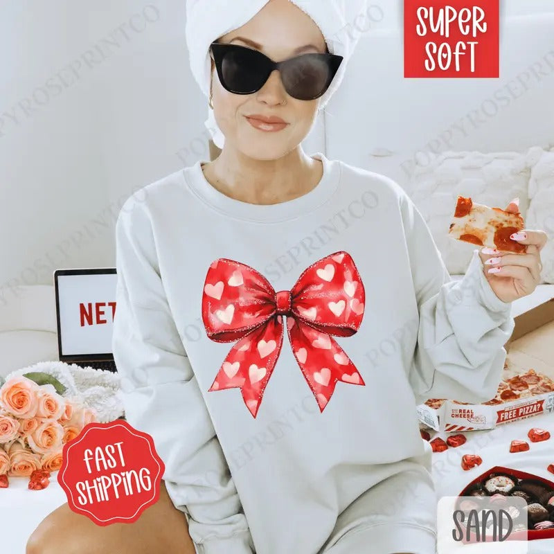 Red Heart Bow Sweatshirt, Valentine's Day Crewneck, Holiday Women's Sweater T-Shirts, Hoodie | InkThreadWorks.com