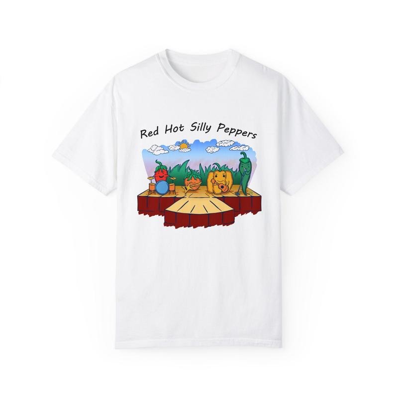 Red Hot Silly Peppers T-Shirt Featuring Funny Meme Design and Nostalgic Band Parody Style