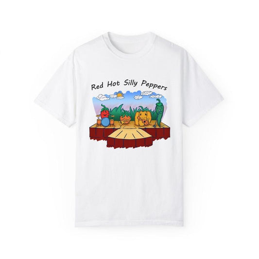 Red Hot Silly Peppers T-Shirt Featuring Funny Meme Design and Nostalgic Band Parody Style