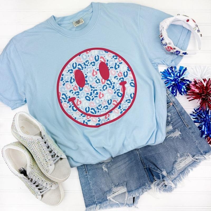 Red Patriotic Cheetah Happy Face Comfort Colors T-Shirt 'NLB' Hoodie, Sweatshirt | InkThreadWorks.com